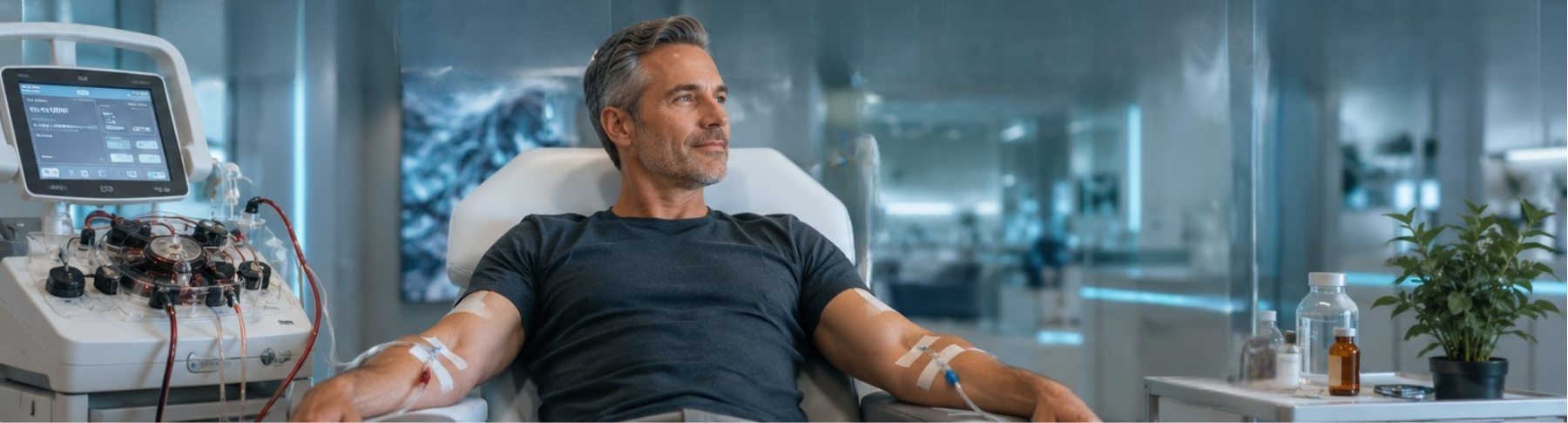 How Therapeutic Plasma Exchange works: 5-step process showing blood access, plasma separation, plasma removal, replacement fluid introduction, and treated blood return.